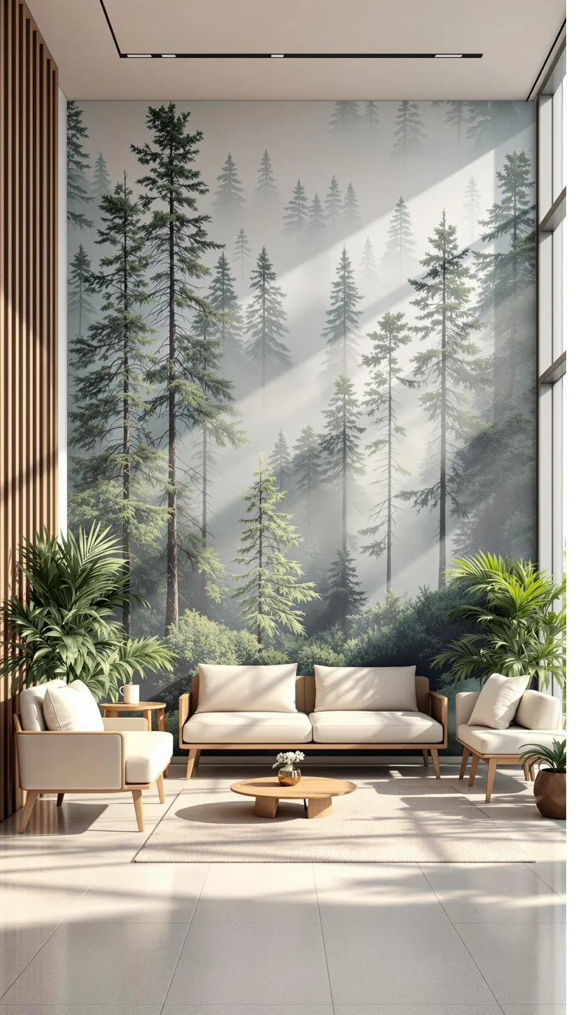 Doğa temalı mural uygulanmış kurumsal karşılama alanı